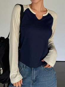DAZY 女式休闲 V 领拼色长袖 T 恤，秋季 - 藏蓝色 - 查看 1