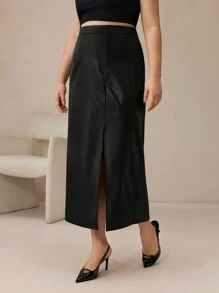 BizChic Women Solid Color Slit Simple Plus Size Casual PU Leather Elegant Commuter Skirt Fall Women Outfits Winter Women Clothes