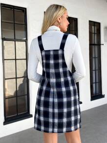 SHEIN LUNE Vestido peto con estampado a cuadros, bolsillos duales y tirantes ajustables para mujeres