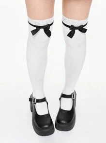 ROMWE Y2K Style Women Over-The-Knee Socks With Bow Decor, Warm - White - View 4