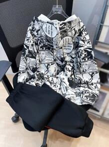 2 件套青少年男孩休闲动漫图案印花连帽衫和宽松运动裤套装，适合通勤、上学、日常、度假、秋季、冬季运动，加厚羊毛 - 黑與白 - 查看 2