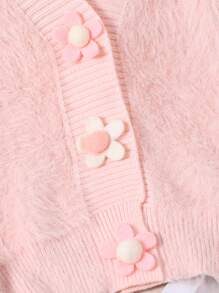 SHEIN Teenagers (Girls) Cardigan, New Arrival For Autumn/Winter, Pink, 3D Floral Decoration, Soft Plush Fabric, Suitable For Formal Occasions, Dresses, Daily Wear, Luxurious And Elegant Style, Creates An Iconic Look, Korean Fashion