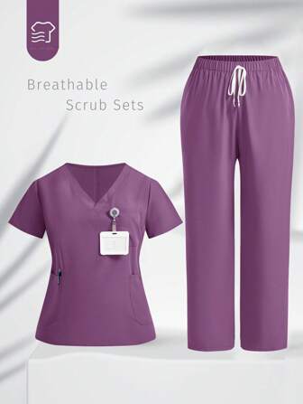 TaskEZ Plus Size Effen Kleur Korte Mouw Top & Broek Scrub Uniform Set