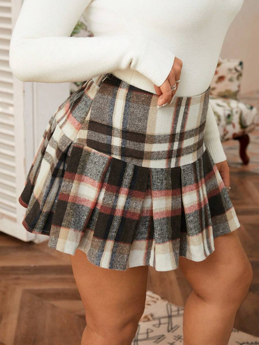 SHEIN EZwear 大码粉色格子迷你百褶裙，秋冬