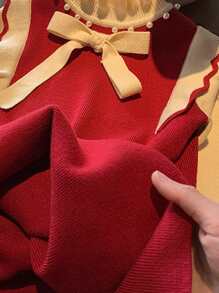 Young Girl Casual Ruffle Patchwork Contrast Color Bow Decor Knit Sweater Dress,In Fall/Winter - Red - View 4