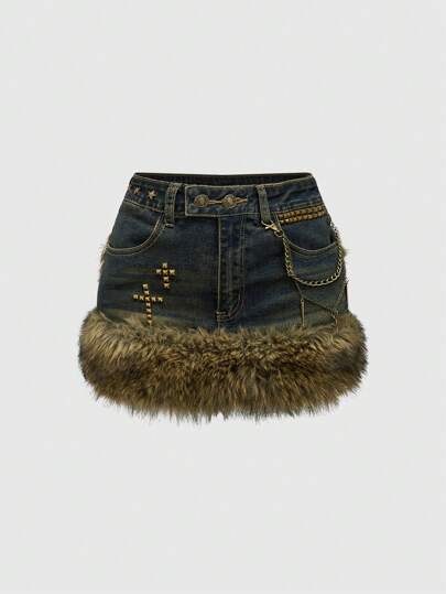 Grunge Punk Minifalda de mezclilla ajustada de tiro bajo con estilo vintage desgastado y desgastado, con remaches en forma de cruz, para mujeres