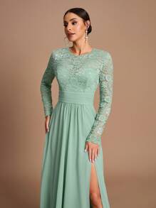 SHEIN Belle Elegante e splendido vestito verde salvia in chiffon con volant, spacco e coda da sirena, adatto per matrimoni, feste, vacanze, balli, cerimonie, damigelle (taglia adulta) - Verde - Visualizzare 2