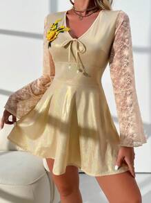 Long Sleeve Ladies' Nightgown With Embroidered 3D Floral Lace Patchwork - Apricot - View 5