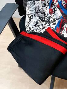 2 件套青少年男孩休闲动漫图案印花连帽衫和宽松运动裤套装，适合通勤、上学、日常、度假、秋季、冬季运动，加厚羊毛 - 黑與白 - 查看 4