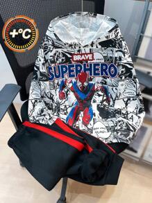 2 件套青少年男孩休闲动漫图案印花连帽衫和宽松运动裤套装，适合通勤、上学、日常、度假、秋季、冬季运动，加厚羊毛 - 黑與白 - 查看 6