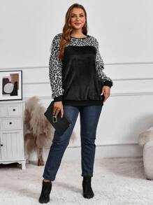 EMERY ROSE 大码女式豹纹拼布宽松羊毛运动衫，秋冬款