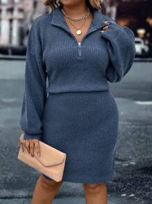 SHEIN CURVE+ Halber Reißverschluss einfarbiges, strukturiertes Kleid mit geraffter Taille und Laternenärmeln, Herbst/Winter - Blau - Übersicht 4