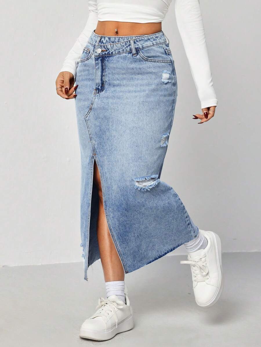 SHEIN EZwear Women Distressed Denim Mid-Length Skirt With Front Split, Blue - Blue - View 1