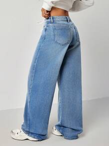 SHEIN EZwear Women's Autumn Belted Waist Pocket Loose High Waist Wide Leg Casual Jeans