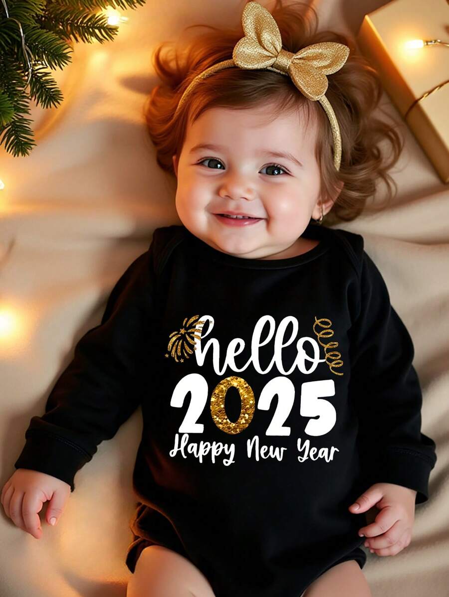Baby Girl Casual Graphic "Happy New Year" Letter Print Long Sleeve Bodysuit, Suitable For Spring Autumn - Black - View 1