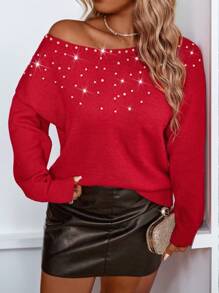 SHEIN Clasi 大码女式纯色针织圆领珍珠装饰长袖常规毛衣，甜美优雅风格，秋冬