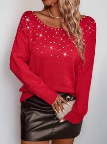 SHEIN Clasi 大码女式纯色针织圆领珍珠装饰长袖常规毛衣，甜美优雅风格，秋冬