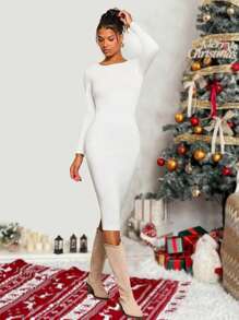 Zolique Sukienka sweterkowa damska z odkrytymi plecami i wycięciami, asymetryczna, średniej długości, z wiązaniem - Biały - Zobacz 6