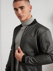 RueChic Men Solid Regular PU College Bomber Jacket - Black - View 5