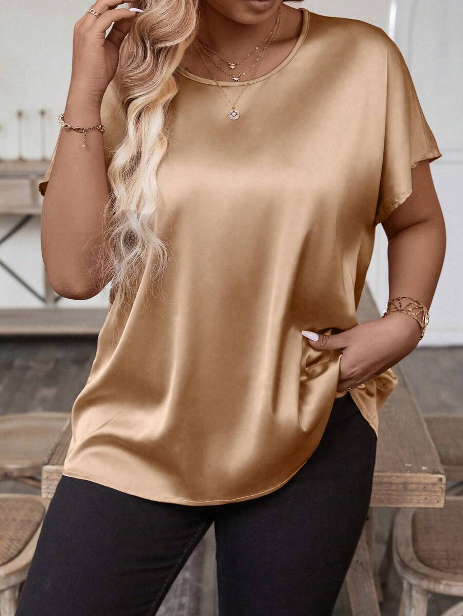 EMERY ROSE Plus Size Women's Satin Batwing Sleeve Shirt
