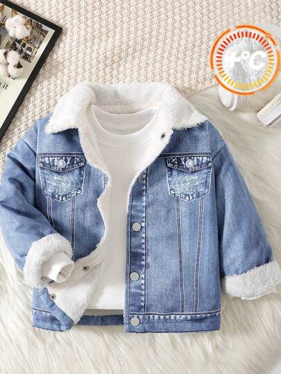 1pc Young Boys Casual Cute Daily Comfortable Knitted Denim Effect Long Sleeve Collared Jacket, Suitable For Trips, School, Gatherings, Autumn & Winter Seasons