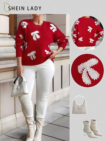 Calvaya 大码时尚蝴蝶结图案红色毛衣，适合冬季秋季穿着的针织套头衫