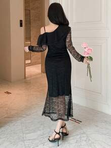DAZY Vestido midi con volantes asimétricos de encaje y parches, adecuado para citas, bailes de graduación y ropa de otoño