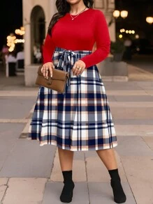 SHEIN Clasi 大码女式拼布格子下摆圆领长袖优雅连衣裙长款女装