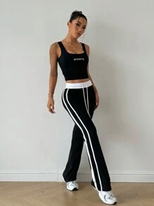 Gameset SHEIN Sport 2pcs/Set Contrast Color Block Waistband Sports Pants Matched With Button Sexy Sports Top Gym Set - Black - View 5