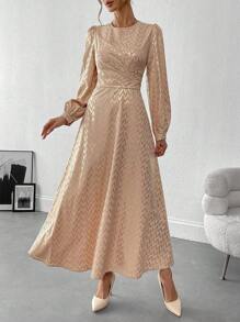 SHEIN Clasi 女式秋季箔波浪条纹圆领灯笼袖长款优雅连衣裙长款女装 - 杏色 - 查看 3