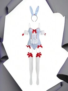 Plaid Bow Bunny Bodysuit + Thigh High Socks + Headband Bunny Costume Set For Women Bow Tie - Blue - View 6