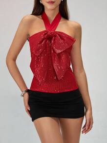 Chiquease Camiseta de tirantes finos con lazo y lentejuelas para fiestas, para mujer - Rojo - Ver 3
