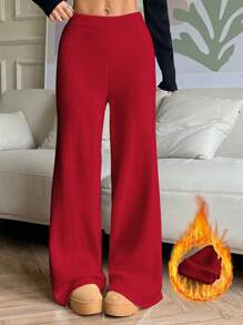 SHEIN EZwear Pantalones de suéter rectos, holgados y casuales con acolchado y calientitos para mujeres