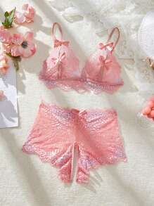 2pcs Women's Lace Sexy Lingerie Set (Wireless/Bralette & Open Crotch Four Corner Panties), Going Out - Pink - View 4