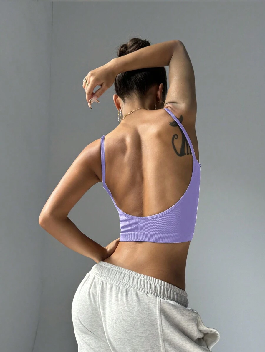 SHEIN Sport Studio 1 Piece Women's Solid Color Open Back Cropped Camisole For Daily Fitness And Workouts