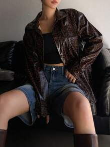 DAZY Women Leopard Print PU Leather Shirt, Minimalist Fashion Casual Everyday
