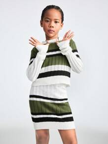 SHEIN Tween Girls Spring /Basic Fuzzy Striped Stretchy Fittedlong Sleeve Sweater& Skirts Sets,Two Pieces Outfits - Multicolor - View 3