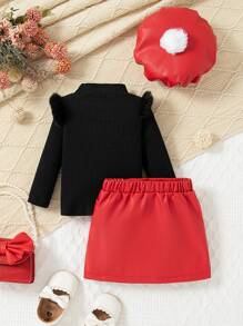 SHEIN Baby Girls Plush Patchwork Stand Collar Long Sleeve Top And Skirt 2pcs Set, Autumn/Winter - Black - View 2