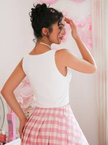 SHEIN Knitted Pattern, Comfortable, Jacquard Fabric, Bow Design Ladies Undershirt - Apricot - View 2