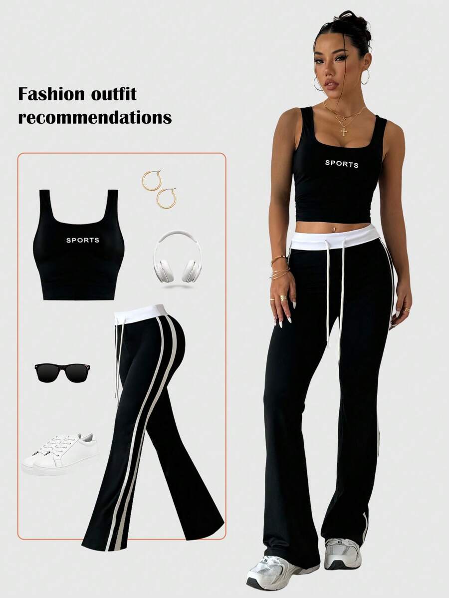 Gameset SHEIN Sport 2pcs/Set Contrast Color Block Waistband Sports Pants Matched With Button Sexy Sports Top Gym Set - Black - View 1
