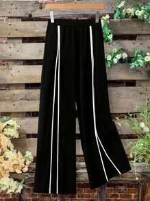 SHEIN LUNE 大码女式针织修身喇叭裤修身白色条纹拼布褶皱长裤