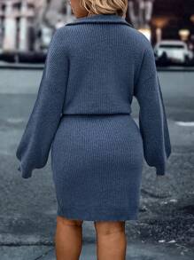 SHEIN CURVE+ Halber Reißverschluss einfarbiges, strukturiertes Kleid mit geraffter Taille und Laternenärmeln, Herbst/Winter - Blau - Übersicht 2