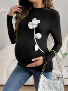 SHEIN Áo thun cổ tròn dài tay thường ngày họa tiết hoa 3D dành cho bà bầu - trắng - Xem 4