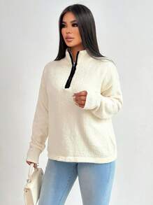 Zolique Women's Black White Autumn Knitted Long Sleeved High Necked Half Zipper Sweater,Outdoor Loose Fit Casual Occasion Top,Winter Styles,All Season - White - View 4