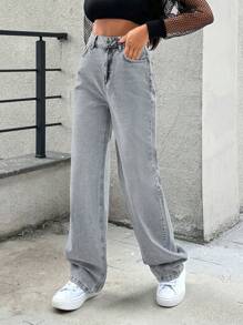 RueChic CASUAL HIGH WAIST STRAIGHT LEG BLUE JEANS - Medium Wash - View 4