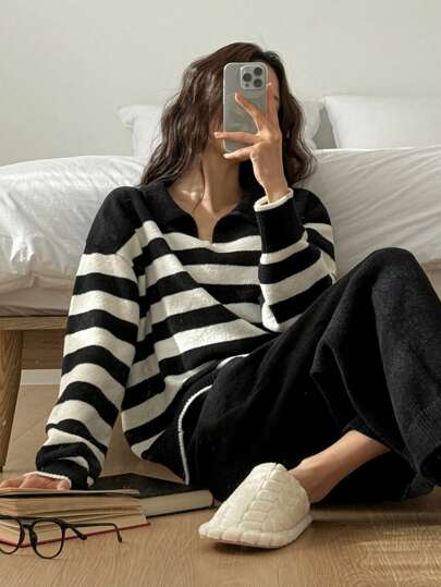 DAZY 两件套针织条纹翻领宽松上衣和纯色针织裤家居服套装，秋冬服装