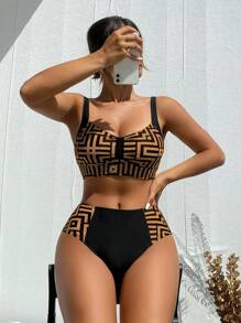 Swim Lushoire Women's Beach Vacation Geometric Print Ruched Sexy Bikini Set + Random Print Summer - Multicolor - View 3