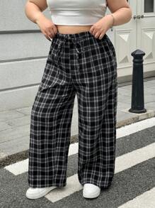 SHEIN EZwear Plus Size Cotton Drawstring Vintage Plaid Pants, Autumn & Winter