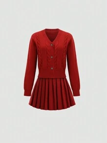 Sweetra Conjunto vintage de 2 piezas para mujer: Vestido de suéter de manga larga tejido con cable rojo, conjunto otoño/invierno Y2K para fiesta de Navidad y Año Nuevo