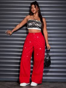 SHEIN ICON Plus Size Women's Rhinestone Embellished Pockets Wide Leg Loose Fashion Christmas Jeans - Red - View 6